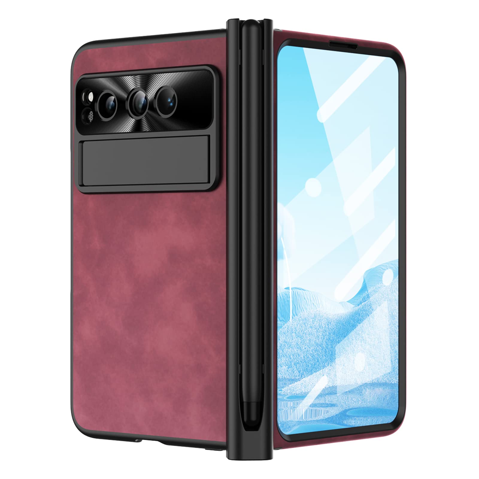 Photo 1 of Pixel Fold Case, Magnetic Hinge Protection Leather Case with Kickstand and Pen, Compatible with Google Pixel Fold 2023 (Red)
