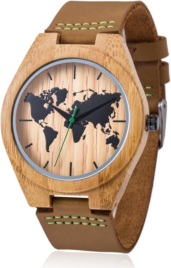 MODUN Men's Wooden Bamboo Watch, Genuine Cowhide Leather Strap, Handmade Lightweight Japan Miyota Movement Natural Wood Wrist Watches with Gift Box (Bamboo-Map)