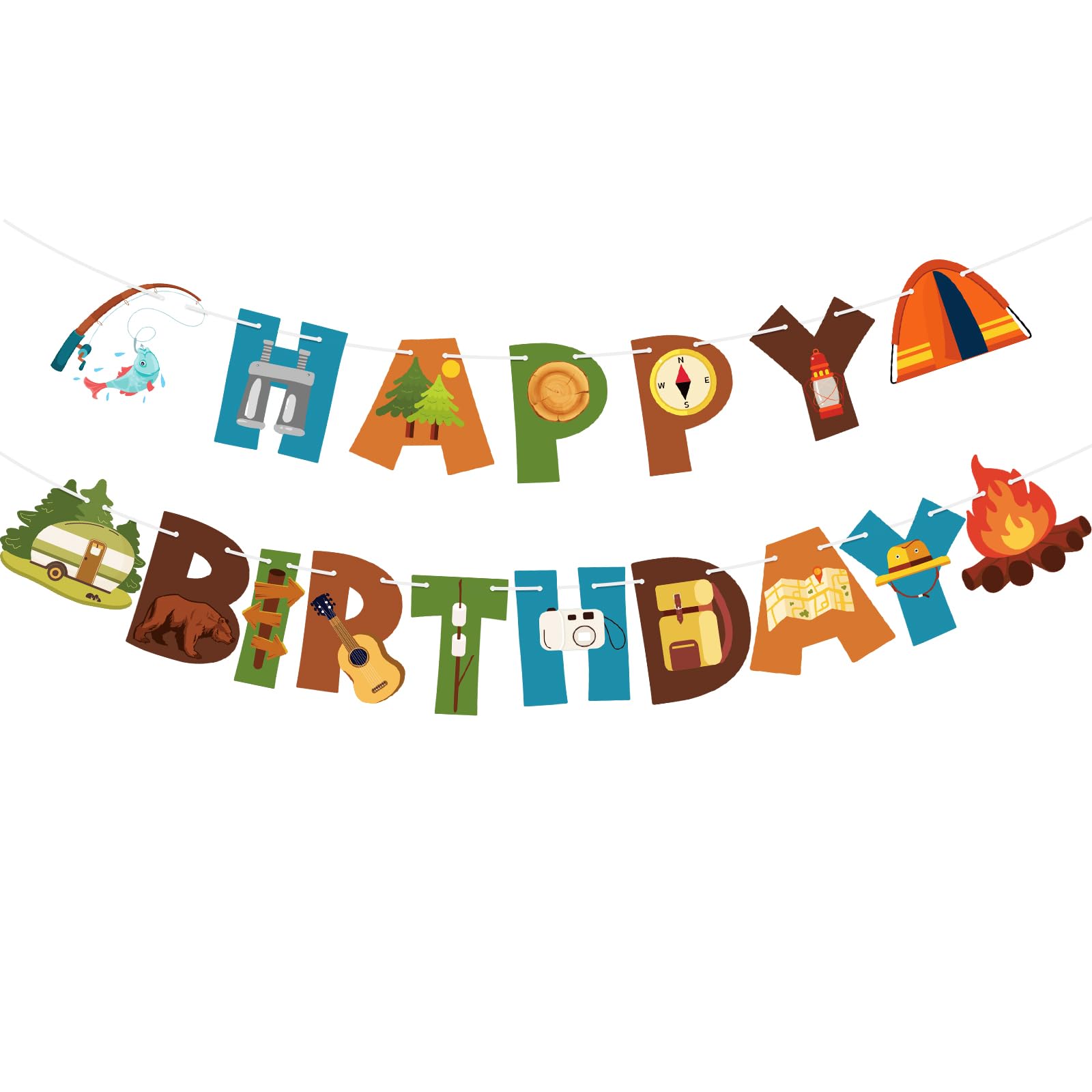 Photo 1 of Camping Happy Birthday Banner Sign Camping Birthday Party Decorations Camping Birthday Party Supplies for Outdoor Hiking Camping Decorations Summer Camp Adventure Garland Banner