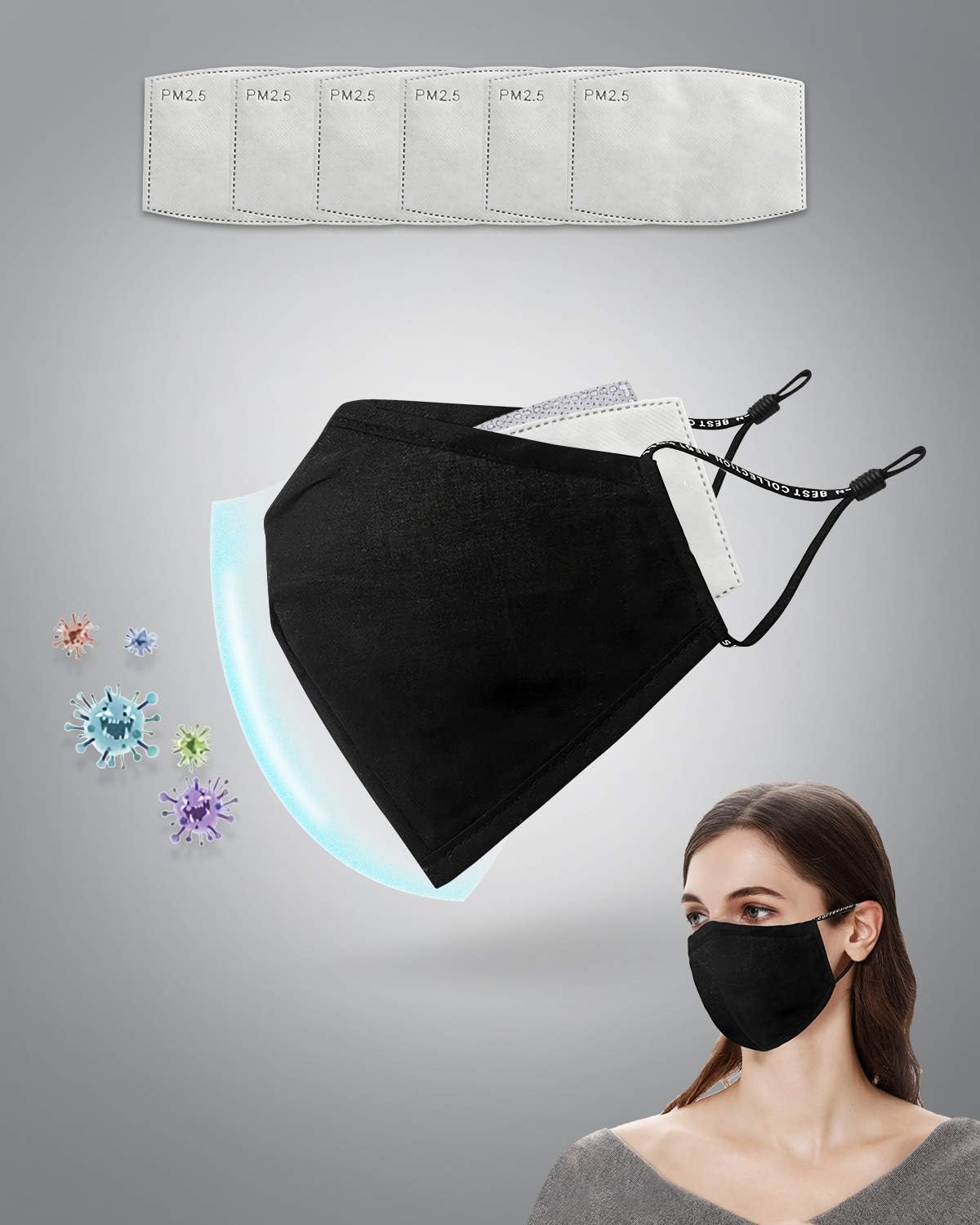 HOMLICO Anti-Dust Face Mouth Mask N95 Mask pm2.5 Reusable Black Cotton Masks Includes 6 pcs Pollutant Filters, for Outdoor Cycling, Travel, and Gardening