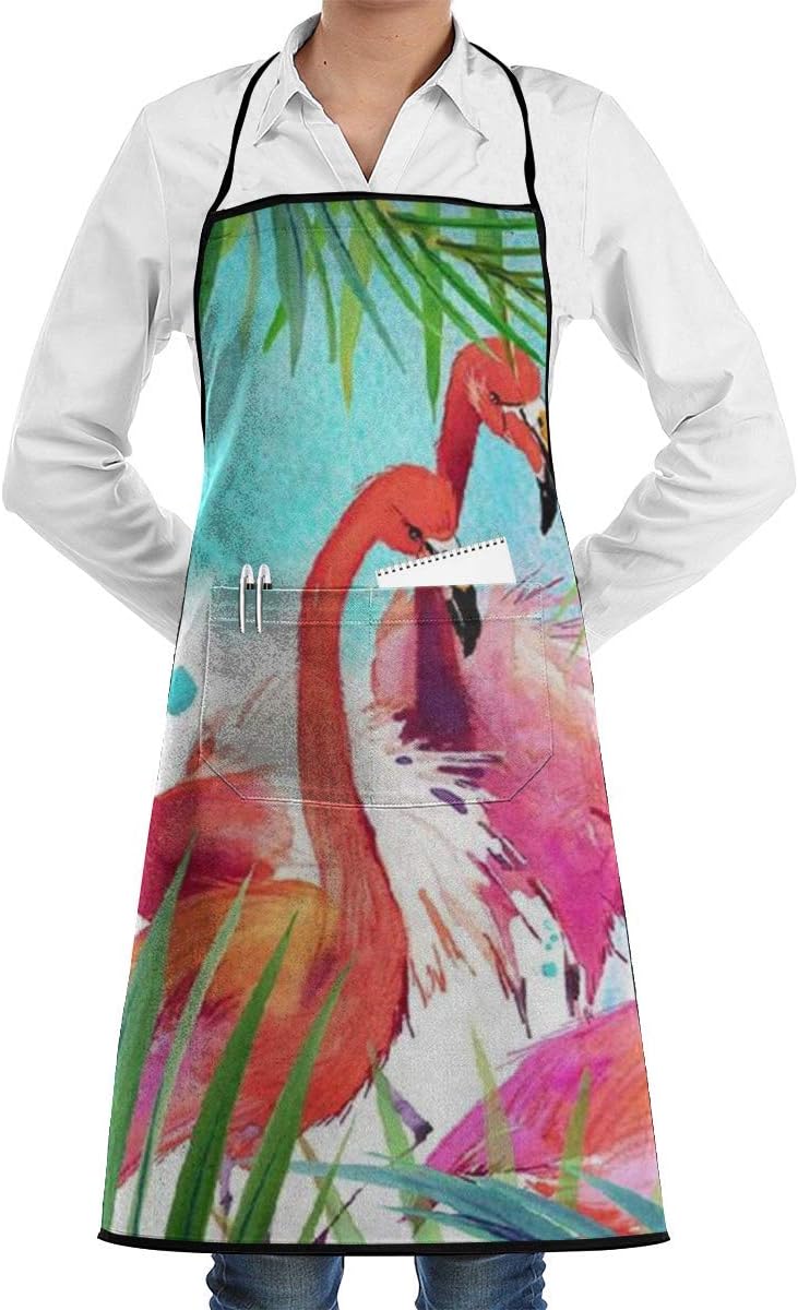 CicScottely Watercolor Flamingo Tropical Palm Leaves Chef Apron with Pockets Grill Aprons for Women Men Kitchen Cooking Baking BBQ