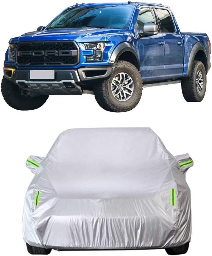 RFJJAL Large Pickup Car Cover Ultimate Weather Protection Waterproof Breathable Vehicle Covers With Storage And Reflective Strips Fit Ford F150 Pickup Trucks