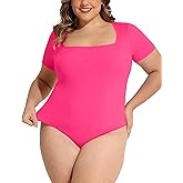 FOREYOND Plus Size Bodysuits for Women Short Sleeves Square Neck Body Suit Tops Casual Basic Slim Fit Shirts Leotards