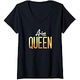 Womens Aries Queen / Aries Women Birthday Astrology Sign Design V-Neck T-Shirt