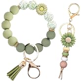 Qubusm 2PCS Bracelet Key Ring Set, Cute Car Key chain Wristlet, Silicone Beaded Bangle keyChains for Women Girls