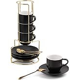 Lareina 3-Ounce Espresso Cups Set of 4, Small Stackable Coffee Cups with Saucers, Spoons and Metal Stand, Ceramic Demitasse Mugs, Espresso Accessories for Machine, Black