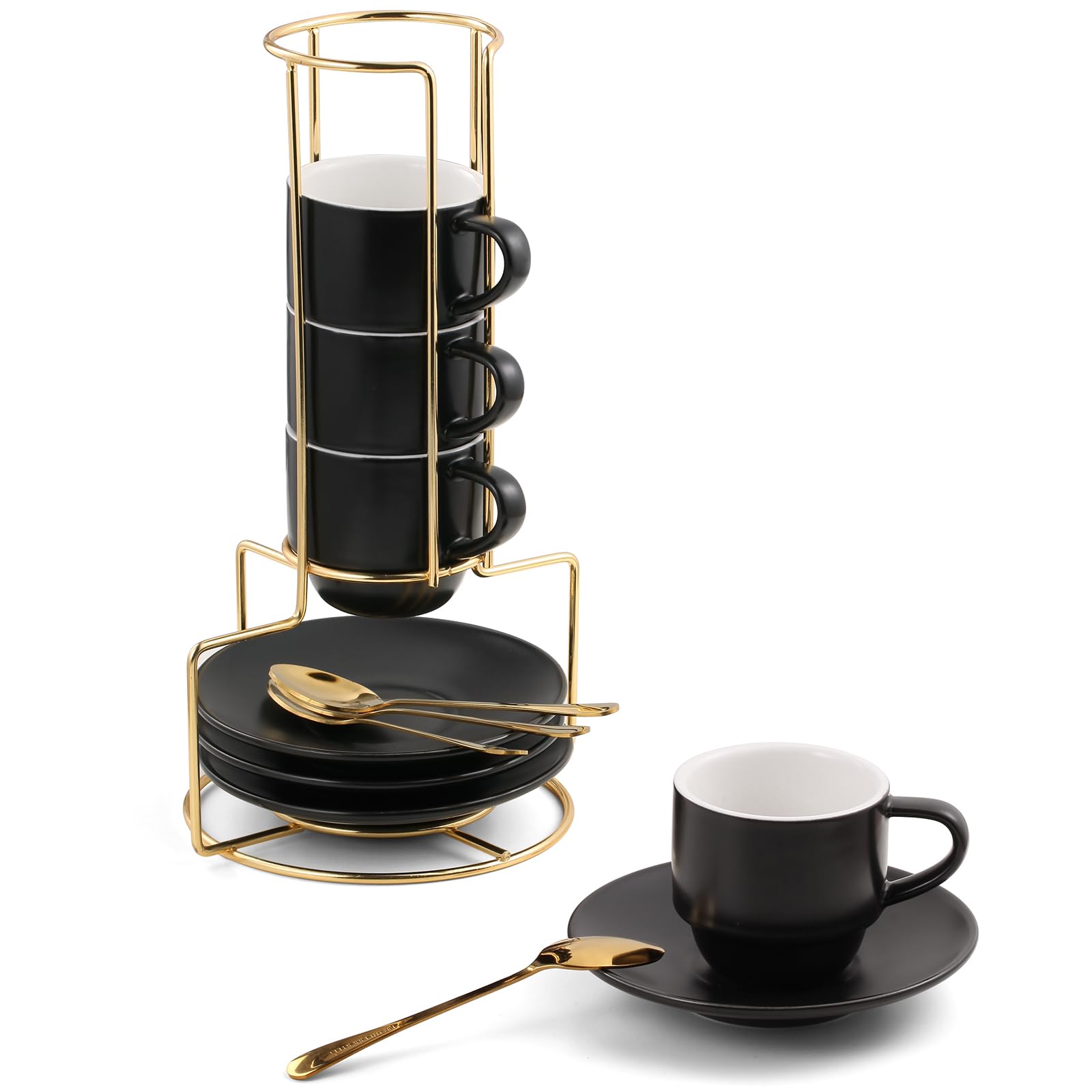 Photo 1 of Lareina 3-Ounce Espresso Cups Set of 4, Small Stackable Coffee Cups with Saucers, Spoons and Metal Stand, Ceramic Demitasse Mugs, Espresso Accessories for Machine, Black