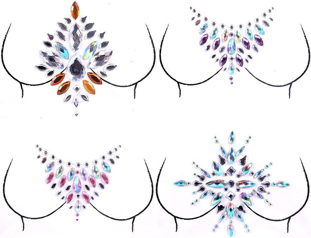 Lady Up Mermaid Breast Jewels, Body Gems Jewelry Sticker Crystals Rhinestones Face Temporary Tattoos for Party Halloween Festival, 4 PCS