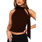 OZICERD Off Shoulder Halter Mock Neck Going Out Tops for Women Cute Club Rave Top Bow Tie Sleeveless Crop Tank Top with Scarf