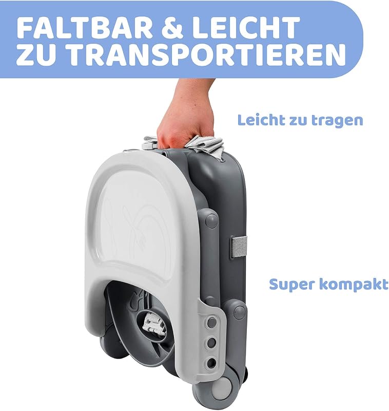 Pocket Snack Kindersitzerhöhung Esszimmerstuhl für Kinder von 6 Monaten bis 3 Jahren 15kg,tragbarer und verstellbarer Babyhochstuhl mit kompaktem Verschluss und abnehmbarem Tablett DARK GREY