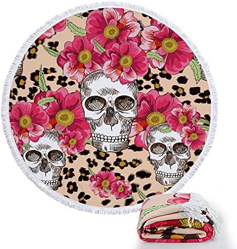 Beach Towels Round Roundie Rose Skull Blankets Microfiber Thick Terry Oversized Yoga Picnic Mat Ultra Soft Hanging Tablecloth Decorations With Colorful Fringe Tassels