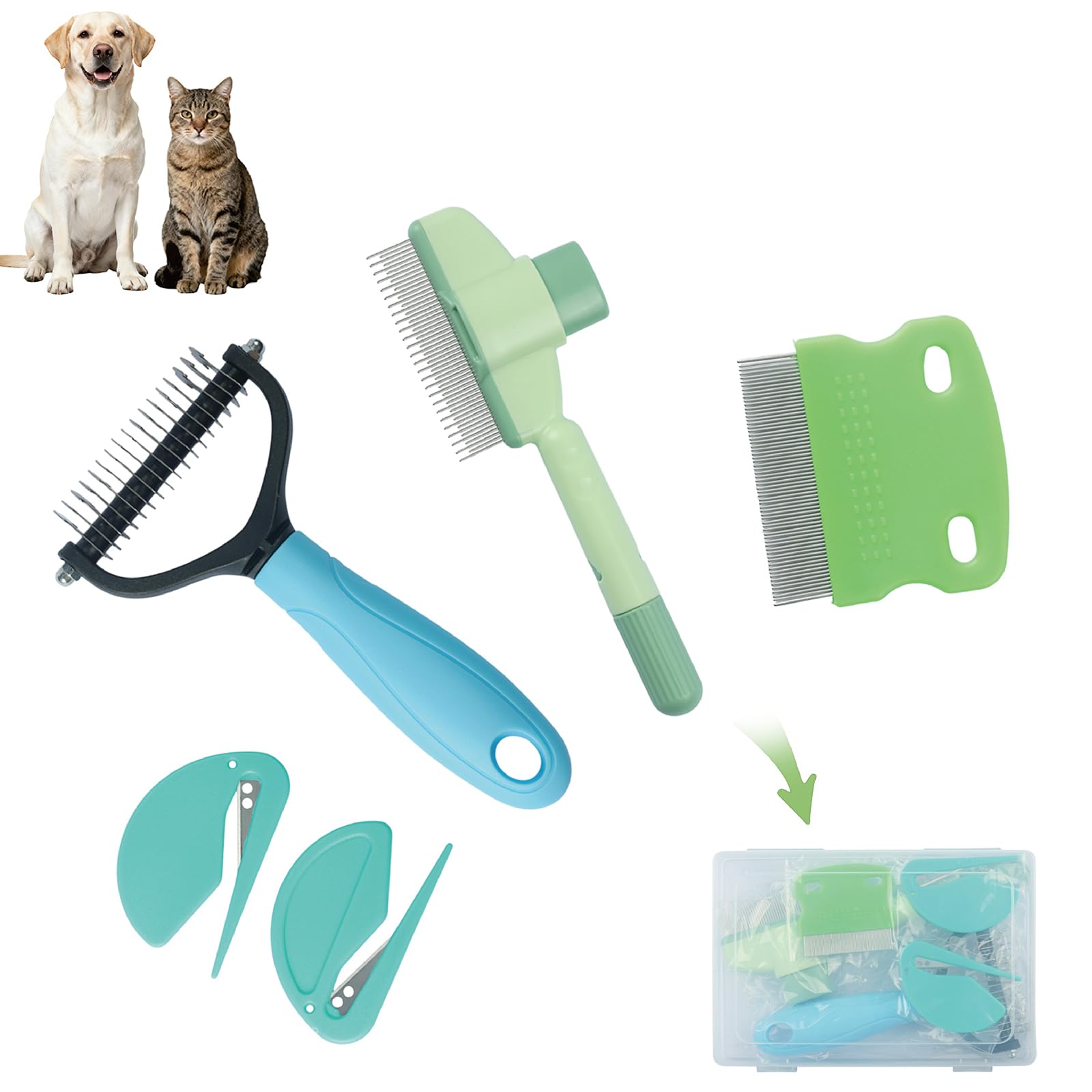 5-Piece Flea Comb Set - Dog Brush, Cat Brush, Flea Comb for Cats, Dog Brush for Shedding, W/Dematting Comb/Scissors, 2-in-1 Massage, Ergonomic Grip, Fit All Pet Breeds & Fur Types
