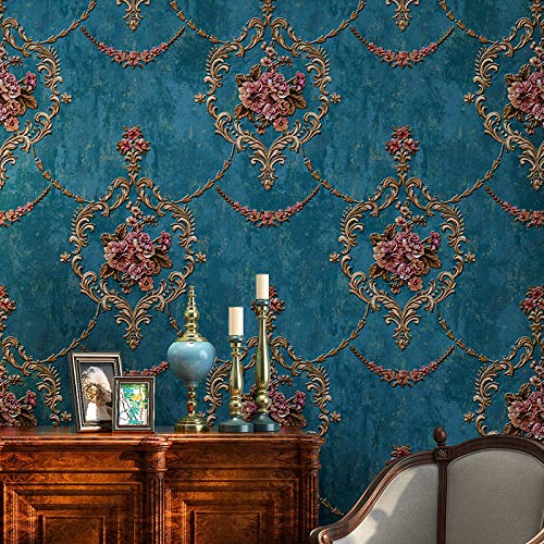 Prior.choice 10X0.53M Vintage Elegant Floral 4 Colors Embossed Textured Non-Woven Wallpaper Roll for Bedroom Livingroom 1.73' W x 32.8' L=5.3㎡ (57sq.ft) (Vintage Blue)