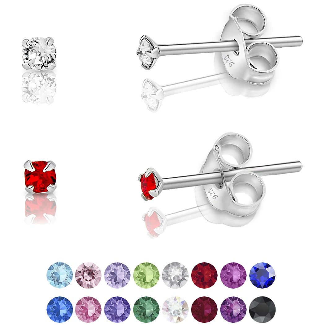 DTPSilver - Set of 2 PAIRS of 925 Sterling Silver Round TINY Stud Earrings made with Glittering Crystals from Swarovski® Elements - Diameter: 2 mm - Colour : Red Light Siam