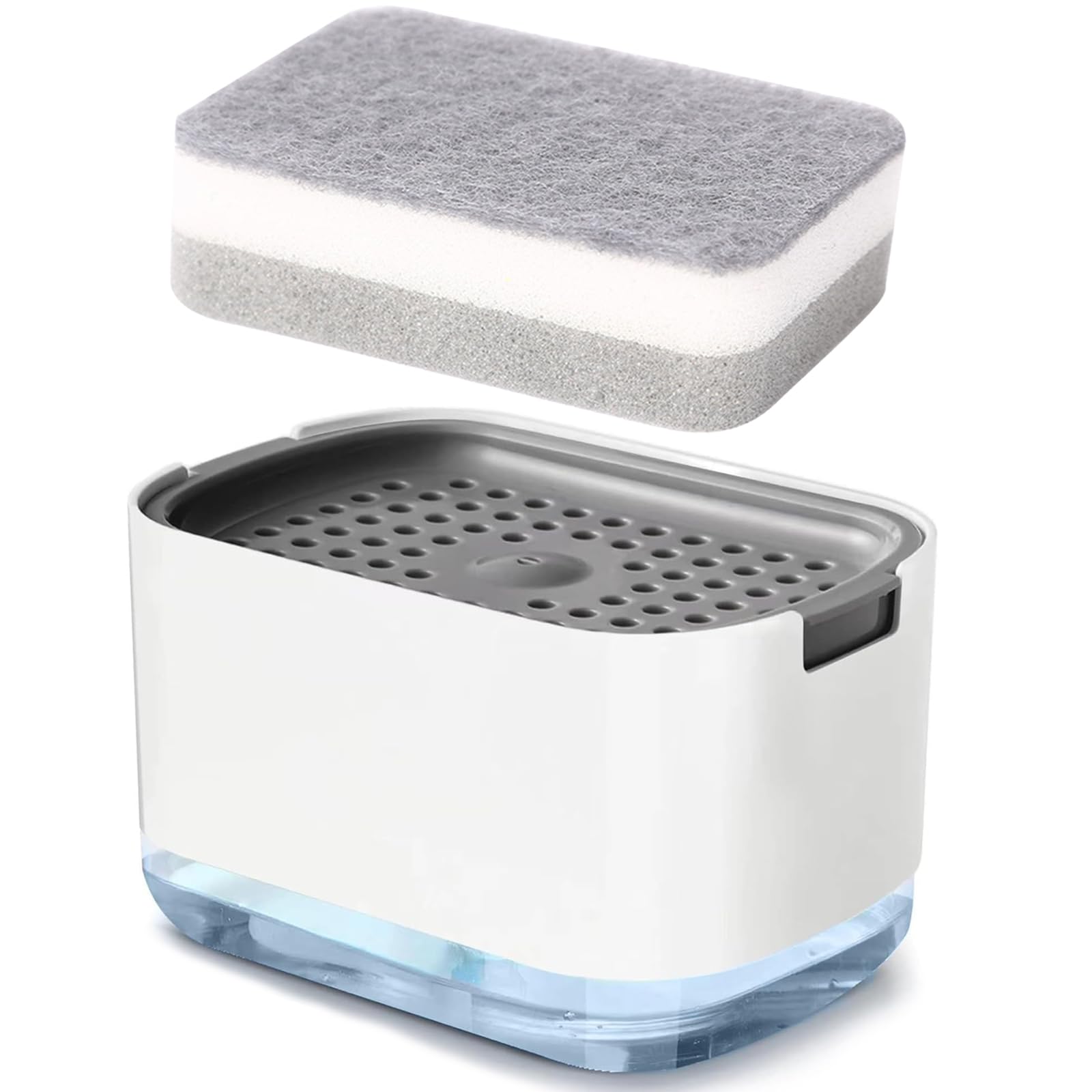 Dish Soap Dispenser for Kitchen Countertop with Sponge Holder, Refillable Non-Slip 2 in1 Automatic Press Type Liquid Box, Durable Hand Washing Accessories Set for Home, School, Office, Hospital(White)