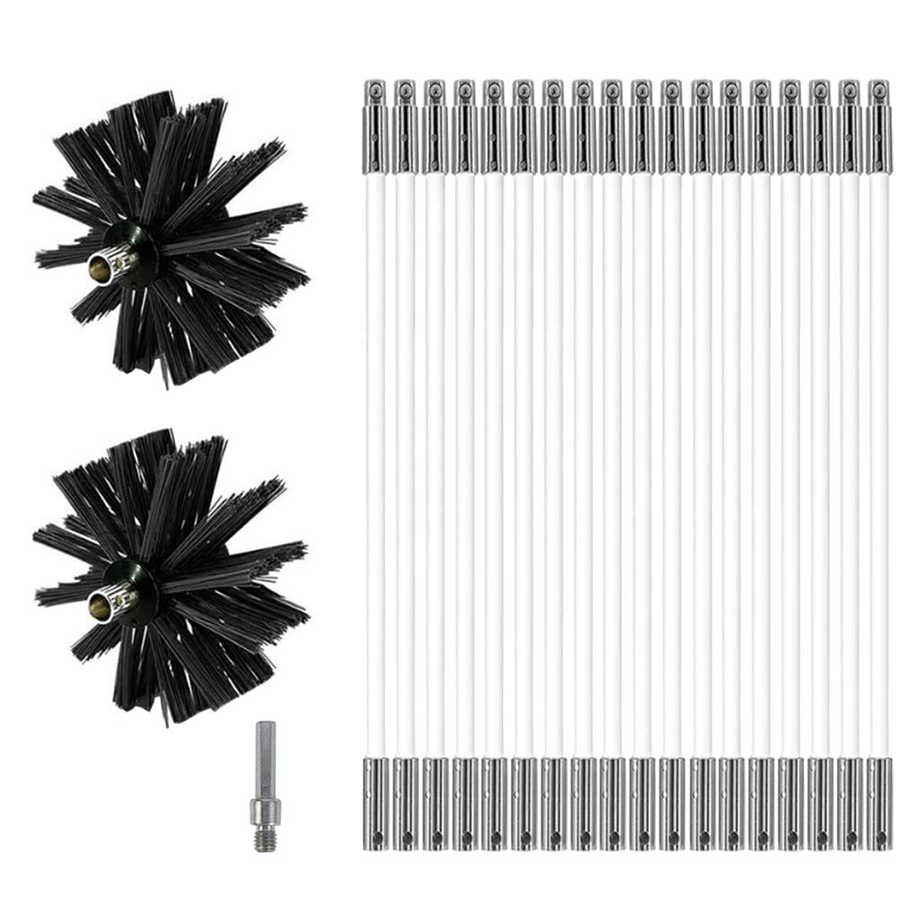MOCNT Chimney Cleaning Brush Kit Nylon Rotary Duct Vent Cleaning Set Flexible Chimney Sweep Kit Soot Cleaning Rods for Fireplace Dryer Vent with 18 Flexible Rods 2 Brush Head