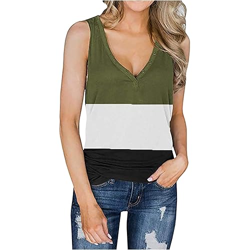 Euone_Clothes Women's Blouse Womens Casual Loose Color Matching Button V-Neck SleevelessTops Blouses Vests