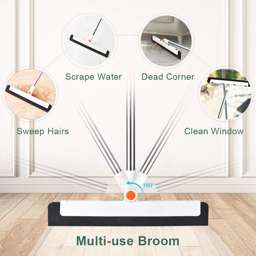PRETTY SEE Broom and Dustpan, Broom and Dustpan Set with Floor Squeegee , Stainless Steel Long Handle and Lightweight Lobby Broom Combination, Vertical Dustpan, Very Suitable for Home: Garden & Outdoor
