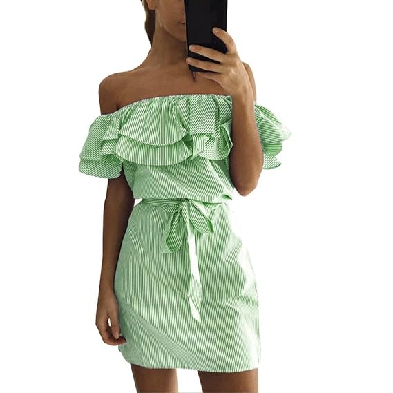 TWBB Bekleidung Damen Kleider, Mode Sommer Bandage Rüschen Gestreift aus der Schulter Rüsche Party Strand