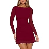 HOCILLE Women's Sexy Bodycon Boat Neck Mini Dresses Mesh Long Sleeve Ruched Ruffle Hem Club Party Short Dress