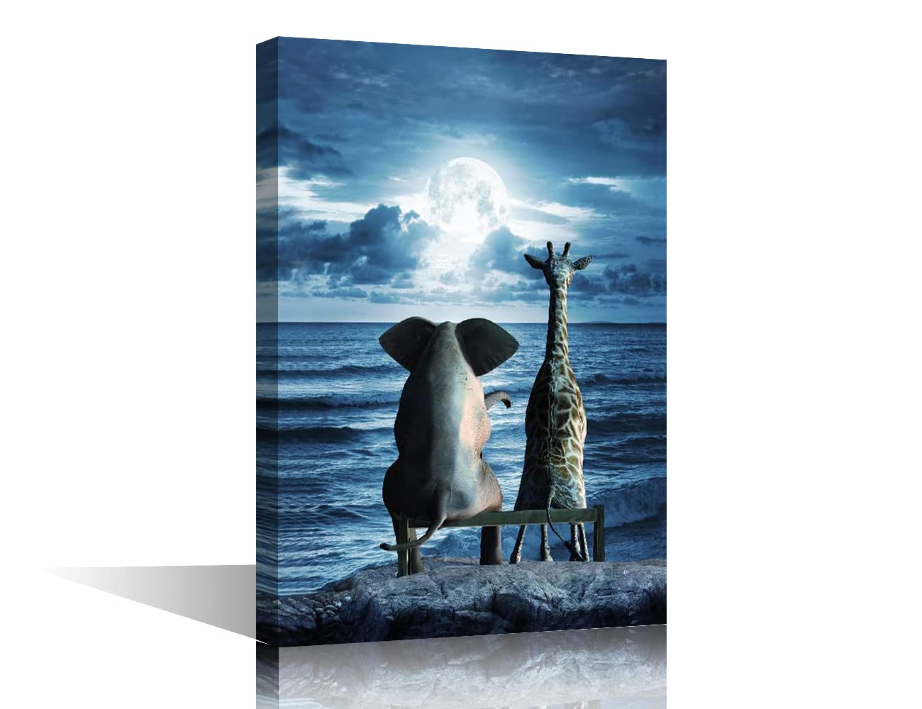 Elephant and Giraffe Sit on a Seaside Stool Blue Ocean Wall Art Painting Print On Canvas Animal Pictures for Home Decor Decoration Stretched and Frame Ready to Hang 8x12inch (20x30cm) — image 1