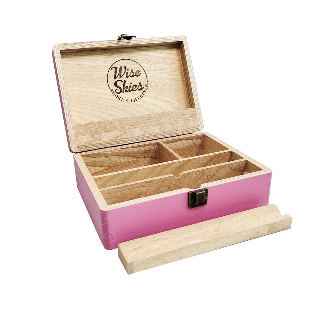 Wise Skies Wooden Rolling Box - Boxes with Hinged Lids Rolling Tray Storage (Large - Pink) — image 1
