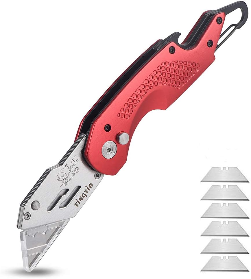Folding Box Cutter Utility Knife Tingtio Utility Pocket Knife Box Cutter Knives with 12 Replaceable Blades,Easy Release Button, Bottle Opener, Quick Change and Lock-Back Design Red