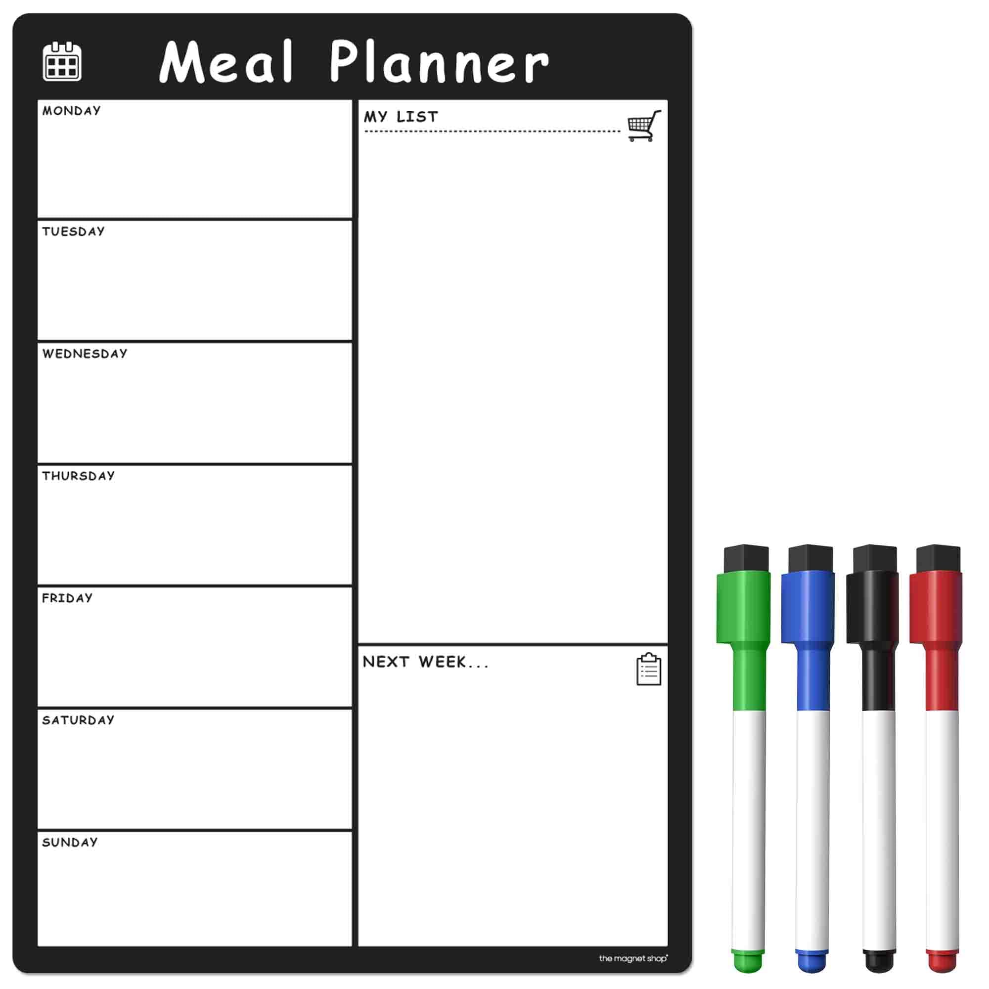 TMS Weekly Meal Planner for Fridge | Magnetic Whiteboard Calendar and Shopping List | Dry Wipe Memo Board for Kitchen | Made in The UK (A3 (42 x 30cm), ‎Bold Black)