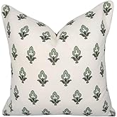 Jillien Harbor “The Poppy” Floral Block Print Pillow Cover – Green Leaf Decorative Festive Throw Pillow Cover with White Background – Grandmillennial Home Decor, 20" x 20"