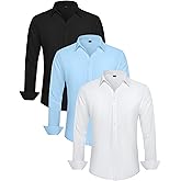 Kinglaman 3 Pack Men's Dress Shirts Wrinkle Free Long Sleeve Collared Formal Shirt Solid Office Casual Button Down Shirts