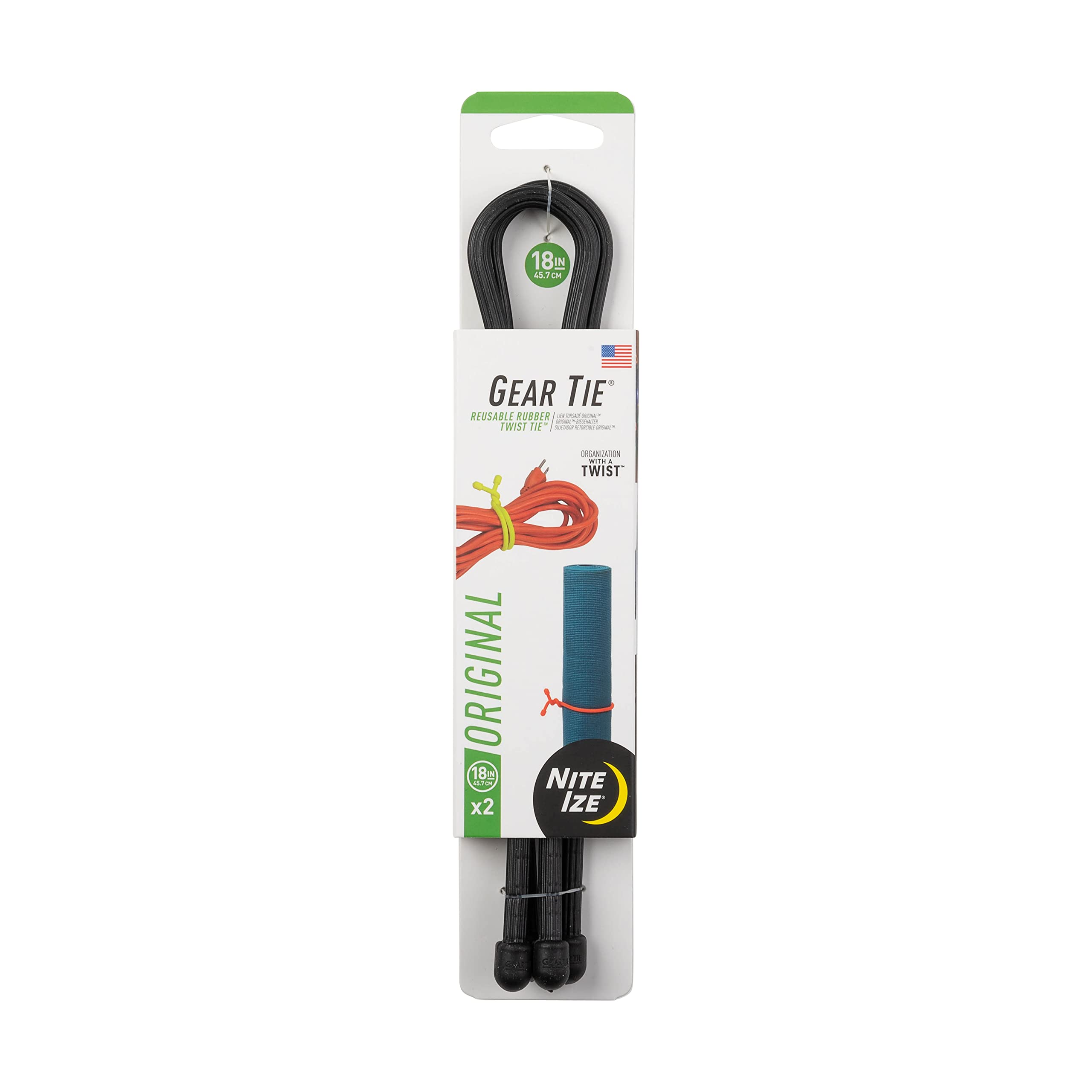 Nite Ize GT18-2PK-01 Gear Reusable Rubber Twist Tie (Pack of 2), Black, 18-Inch