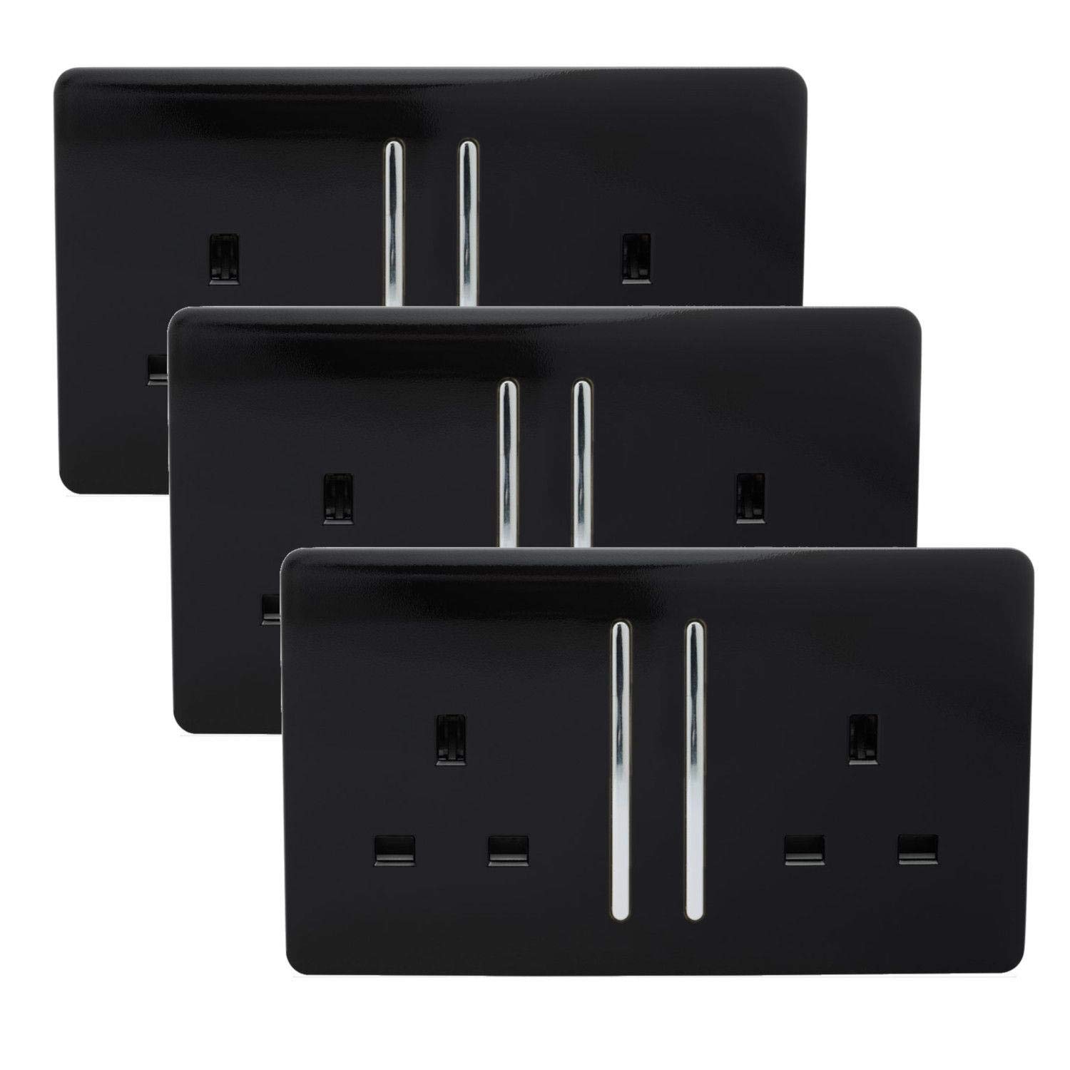 Trendi 2 Gang Artistic Modern Glossy 13 Amp Switched Tactile Plug Socket Piano Black (3 Pack)