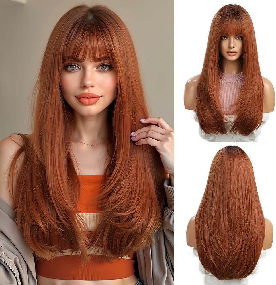Esmee Long Straight Copper Wigs for Women Natural Synthetic Hair Ombre Wigs with Fringe for Daily Party Use — image 1