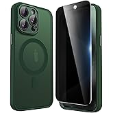 Privacy Case for iPhone 15 Pro Max,Magnetic iPhone 15 ProMax Phone Case with Privacy Screen Protector X2 & Camera Protector [Compatible with MagSafe],Translucent Matte Shockproof Cover-Dark Green