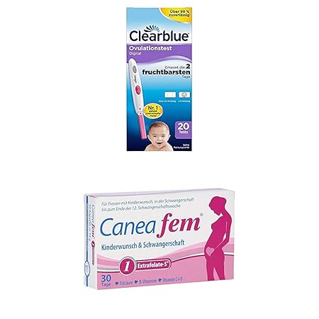 Clearblue Ovulationstest Digital, 20 Tests, 1er Pack + CANEAFEM 1 Extrafolate-S Kapseln KINDERWUNSCH & SCHWANGERSCHAFT, 30 Kapseln