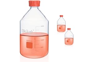 Okulab 2 Pcs 2000ml Round Media Storage Bottles, 3.3 Borosilicate Glass Media Bottles, with GL45 Screw Caps in PP Materia, GL45RB2000B2