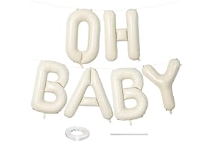 LINGQIANG 40 Inch Beige OH BABY Balloon for Baby Shower, Large Cream White Oh Baby Balloons Letters with Ribbon, Neutral Ivory Alphabet Oh Baby Balloon Banner Sign for Gender Reveal Backdrop Party Decorations