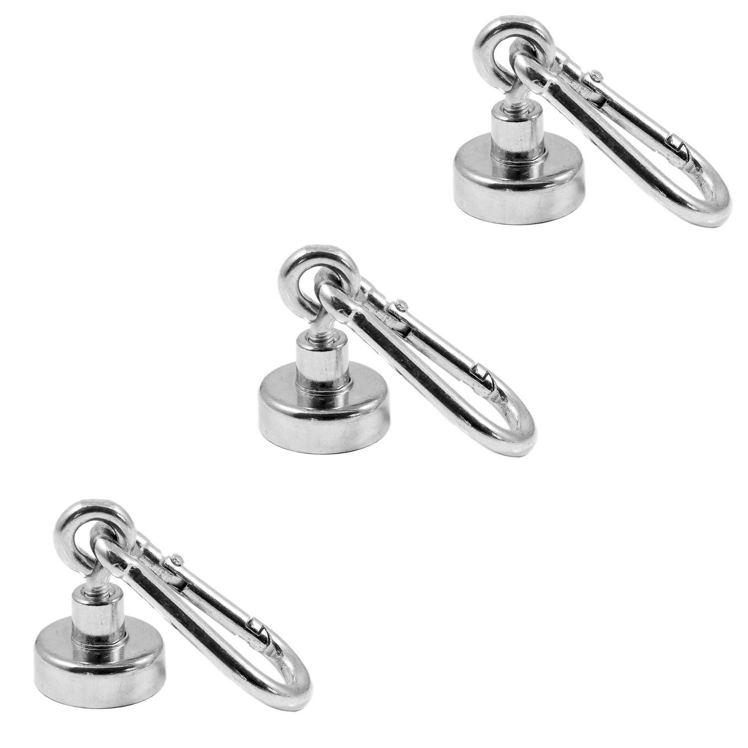 Magnetastico® | 3X Neodymium Eyelet-Carabiner Magnets N35 20 mm Ø | Holding Force 9 kg | 3 Strong Neodymium Pot Magnets snap Hook with Eye, Loop & galvanised | Magnetic karabiner eyebolts