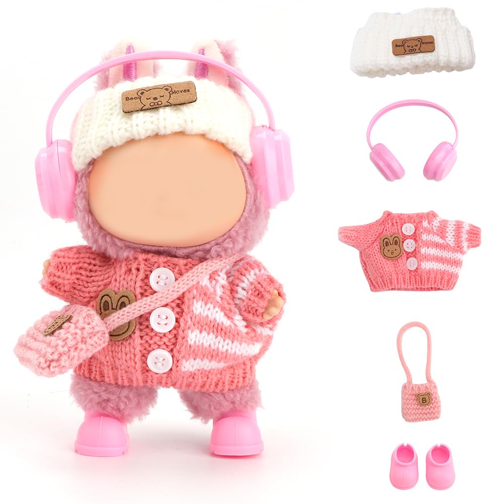 FIDWALL Doll Clothes for Labubu,5-Piece Outfit Set for 17cm Dolls,Handcrafted Crochet Clothing with Knitted Headband,Headphones,Shoulder Bag & Shoes,Lovely Doll Accessories (No Doll) (Peach Pink)