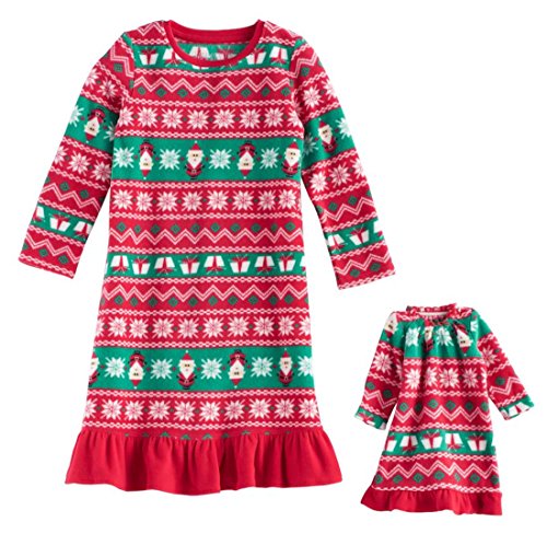 Little Girls' Holiday Fleece Nightgown With Matching 18 Inch Doll Pajamas (4T, Red Fair Isle)
