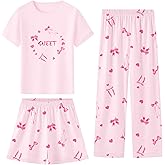 Umeyda Girls Pajamas Set, Cotton Pjs Cartoon Pattern 3PCS Sleepwear Lounge for Kids Size 5-14