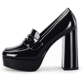 Womens Platform Heels Loafers Chunky High Heel Closed Toe Patent Leather Shoes Penny Loafer Business Dress Work Pumps