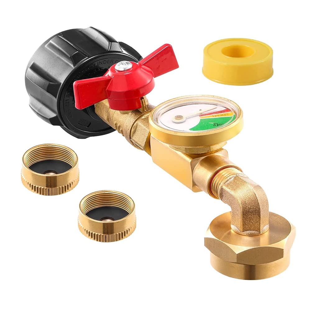 Hopbucan Brass Propane Tank Adapter with Propane Tank Gauge, 90 Degrees Refill Pressure Adapter with Control Valve