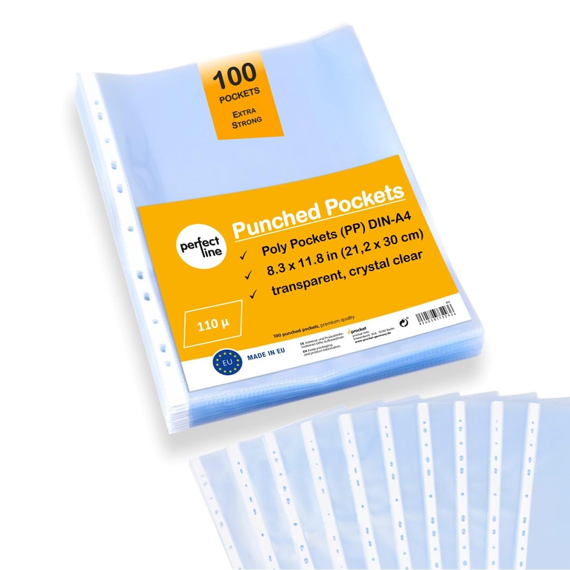 perfect line - 100 Poly Pockets DIN-A4 - Punched Pockets - Plastic Sleeves for A4 Paper - Sturdy Premium Clear Sheets, Transparent, Crystal Clear, Smooth, Extra Strong, Made in EU