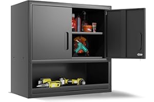 VIYET Metal Wall Cabinet, Garage Wall Cabinet with Adjustable Shelf for Garage, Tool Room, Kitchen, Assembly Required(Black)