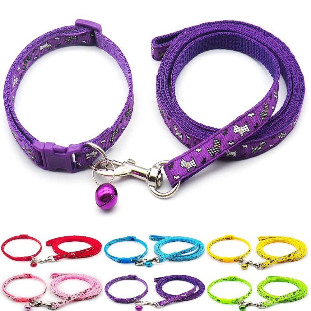 Small Dog Puppy Pet Collar and Lead Set Scotty Dogprint Design Nylon Adjustable Size 19-32cm Collar with Bell and 120cm Leash Purple
