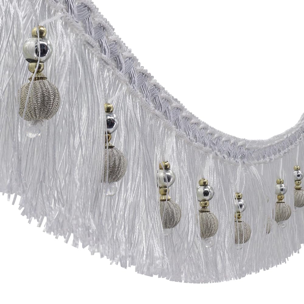 2yards Braided Beads Hanging Ball Tassel Fringe Trimming Applique Fabric Trimming Ribbon Band Curtain Table Wedding Decorated (White)