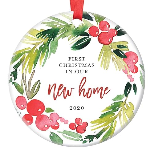Amazon Com New Home Christmas Ornament 2020 First Year In Our New House First Home Housewarming Apartment Condo Re Gifts Xmas Present Idea Ceramic Keepsake 3 Flat Circle Porcelain With Red Ribbon