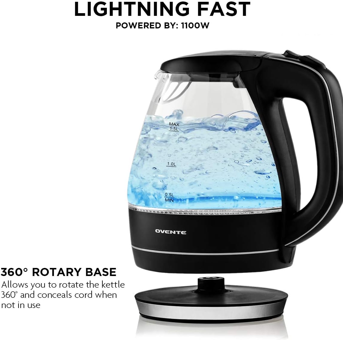 Ovente Electric Hot Water Portable Glass Kettle with Filter 1.5 Liter Stainless Steel Base Countertop Teapot & Auto Shutoff BPA-Free Fast Heating, Boil Dry Protection, Brew Coffee & Tea, Black KG83B: Kitchen & Dining