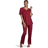 Miss Elaine PJ Set - Women's Nylon Tricot Pajama Set, Short Sleeves, Round Neckline with Embroidered Trim, Button Front Top